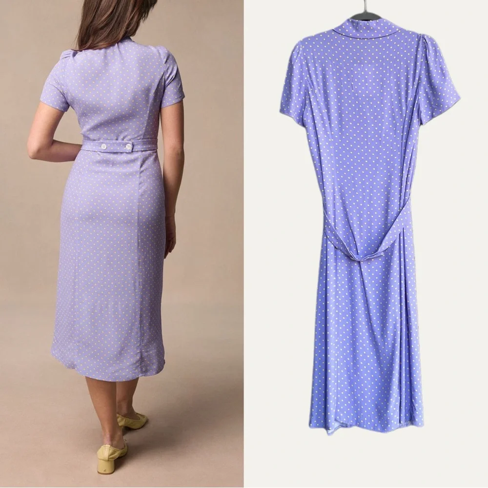 ROUJE NWT Lilac Purple Yellow Polka Dot Printed Button Down Marin Midi Dress 40 - Picture 6 of 17